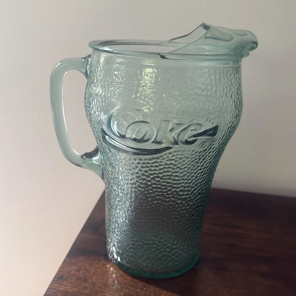 Vintage Coca Cola Coke Green Pebble Glass Pitcher Embossed 64 Oz Holds 2 Liters - Picture 2 of 10